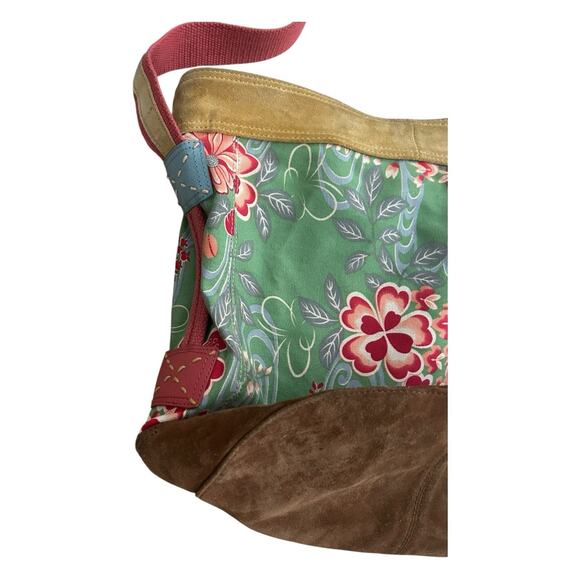 LUCKY BRAND Floral Blossom Green Canvas Suede purse tote bag boho Large VTG Y2k - Picture 7 of 11